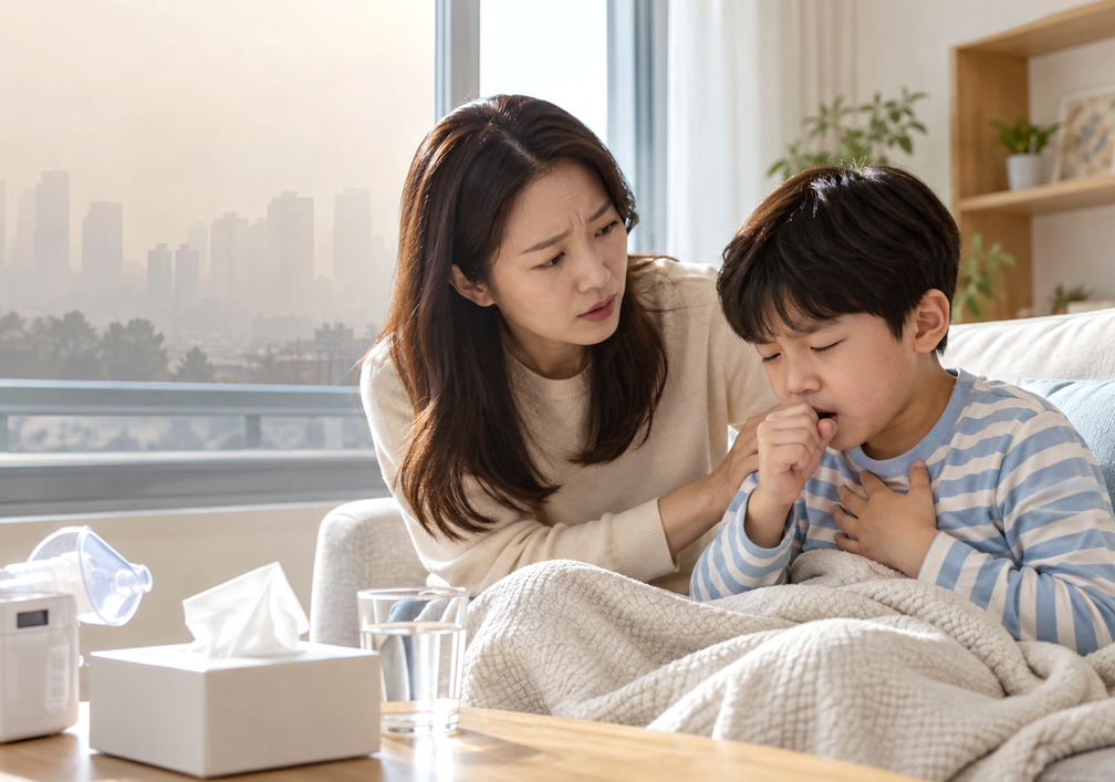 미세먼지 나쁜 날 기침하는 아이를 살피는 전주 천식 보호자
