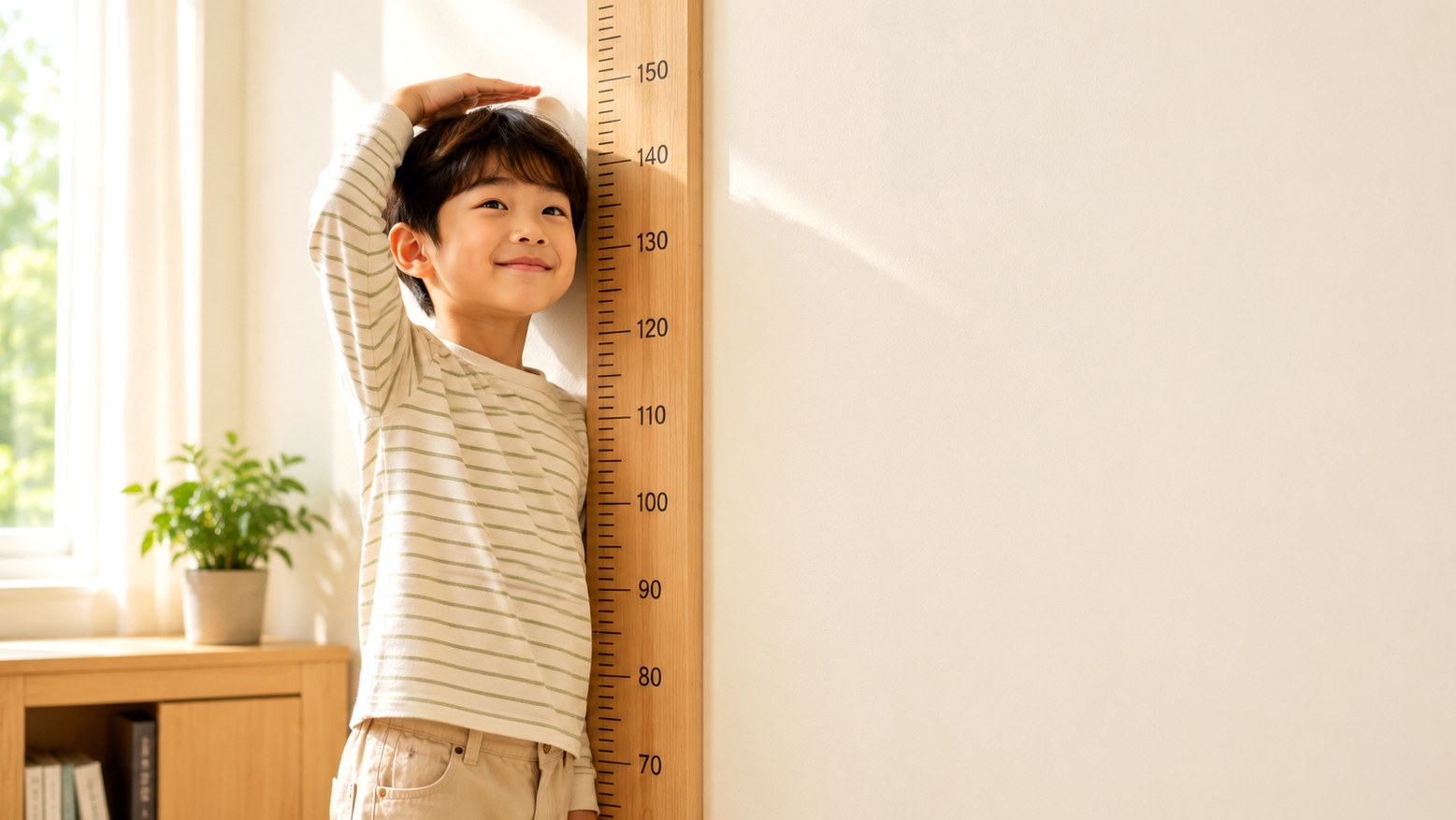 구미 소아 키성장 – 키재기 자 앞에서 키를 재는 아이