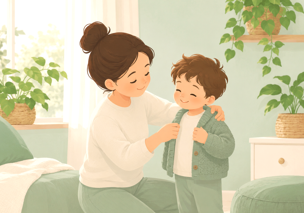 구미 아토피 – 엄마가 아이에게 옷을 입혀주는 모습