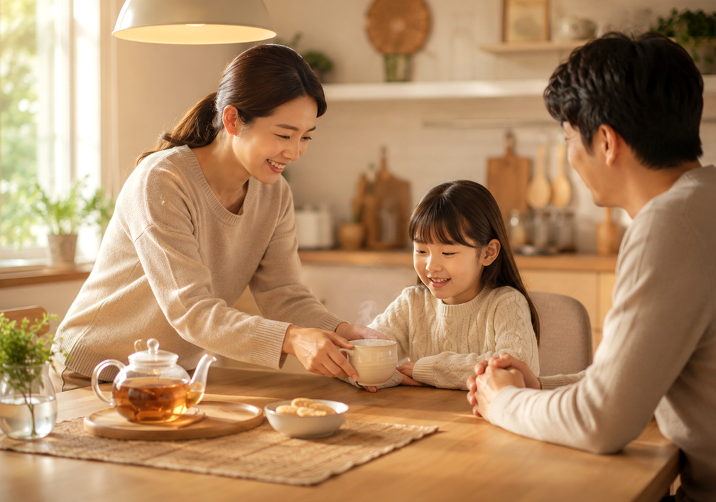 구미 비염 생활관리 — 창가에서 따뜻한 물을 마시는 아이의 모습