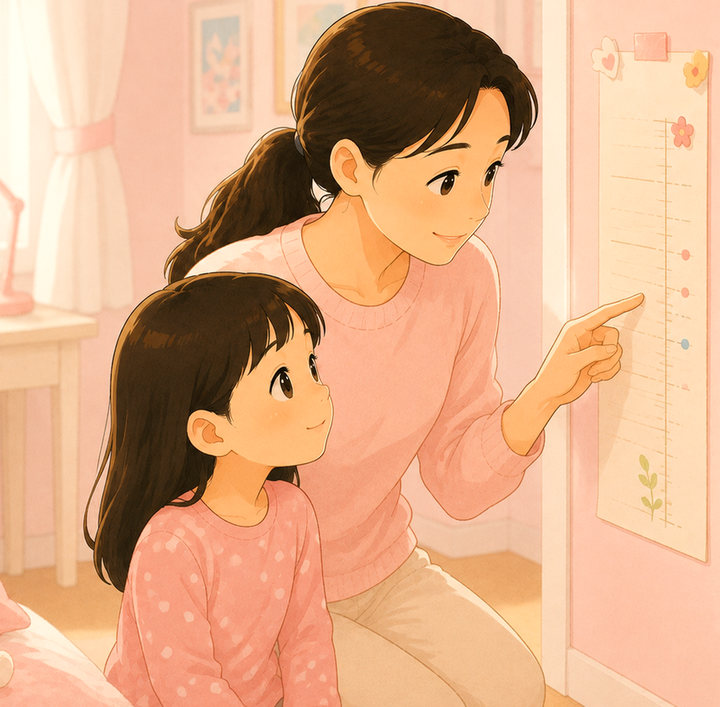 구미 여아성조숙증 – 분홍 방에서 엄마와 딸이 벽 키재기 눈금을 함께 보는 모습