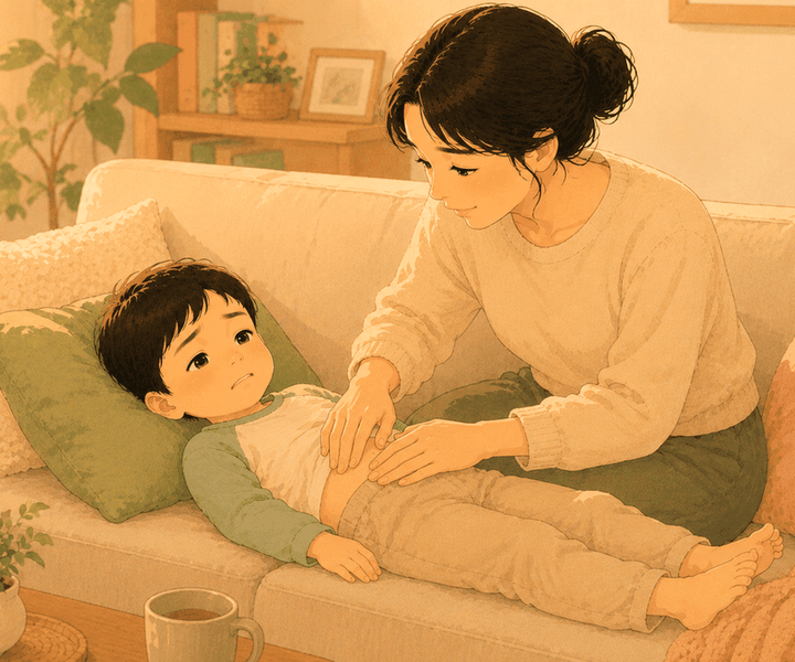 구미 소아 변비 – 아이 배를 마사지하는 엄마