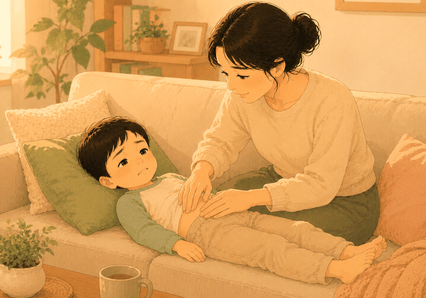 구미 소아 변비 — 배가 불편한 아이를 부드럽게 살펴보는 모습