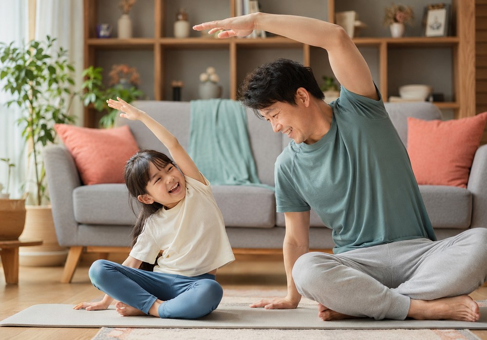 거실 매트에서 함께 스트레칭하는 아빠와 아이