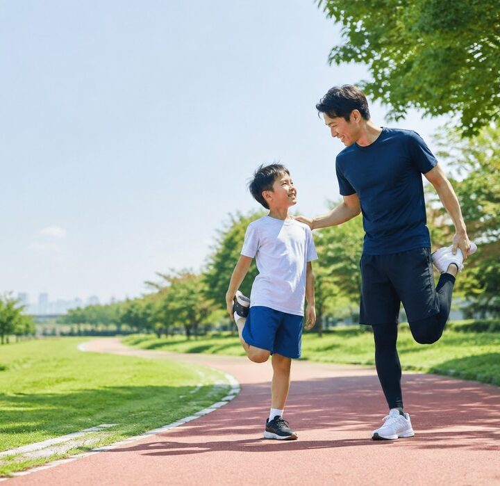 공원 트랙에서 함께 스트레칭하며 걷는 아빠와 아이