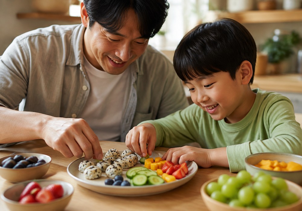 구미 식욕부진 – 아빠와 아이가 주먹밥과 과일을 담는 모습