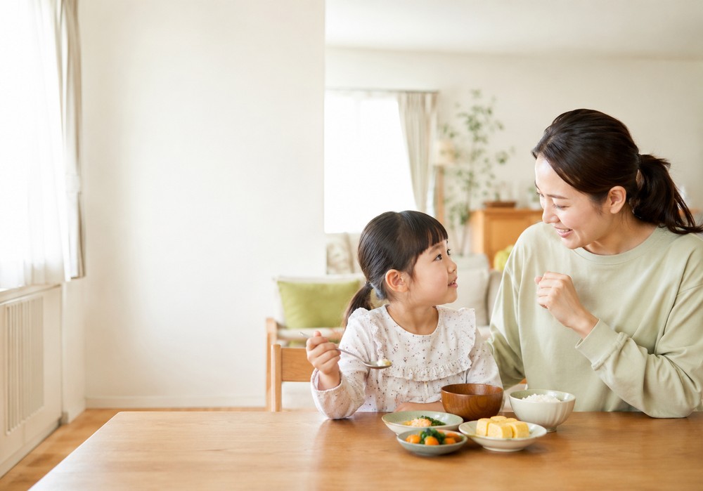 구미 식욕부진 – 식탁에서 엄마와 마주보는 여자아이