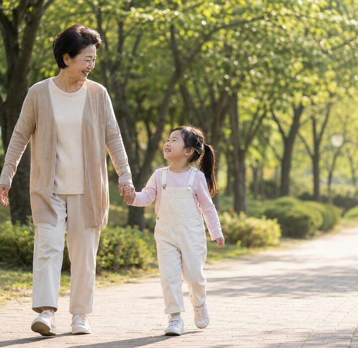 구미 식욕부진 – 할머니와 손잡고 공원길 걷는 여자아이