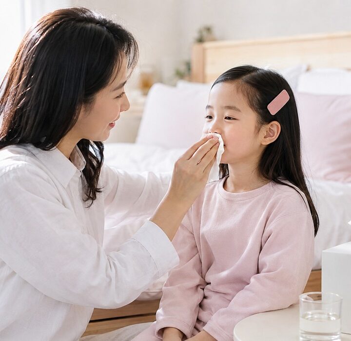 흰 셔츠를 입은 엄마가 침대 앞에 앉아 분홍 상의의 여아가 휴지로 코를 닦도록 도와주는 모습