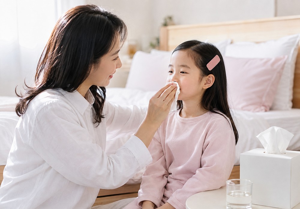 흰 셔츠를 입은 엄마가 침대 앞에 앉아 분홍 상의의 여아가 휴지로 코를 닦도록 도와주는 모습
