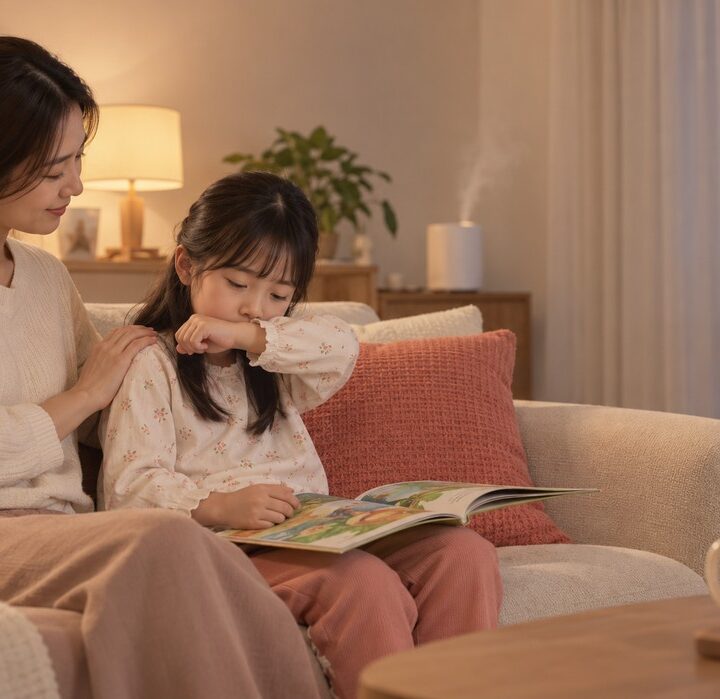 구미 기관지염기침오래 – 밤 거실 소파에서 엄마와 그림책 보며 아이가 팔로 기침을 가리는 장면