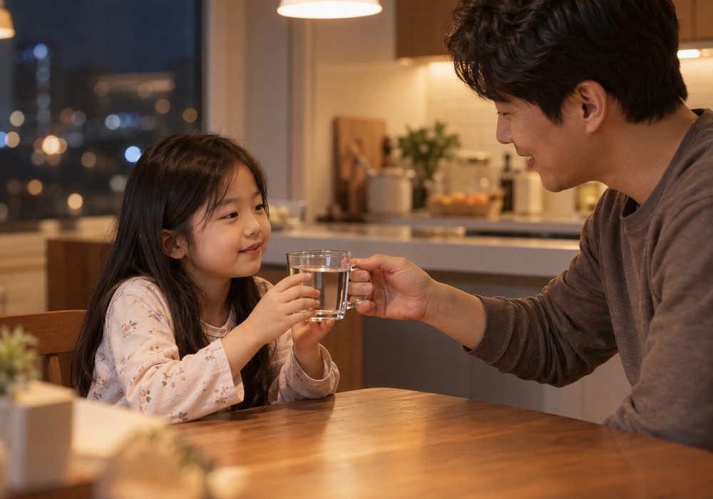 밤 주방 식탁에서 회색 니트를 입은 아빠가 꽃무늬 잠옷 여자아이에게 물이 담긴 유리컵을 건네는 모습