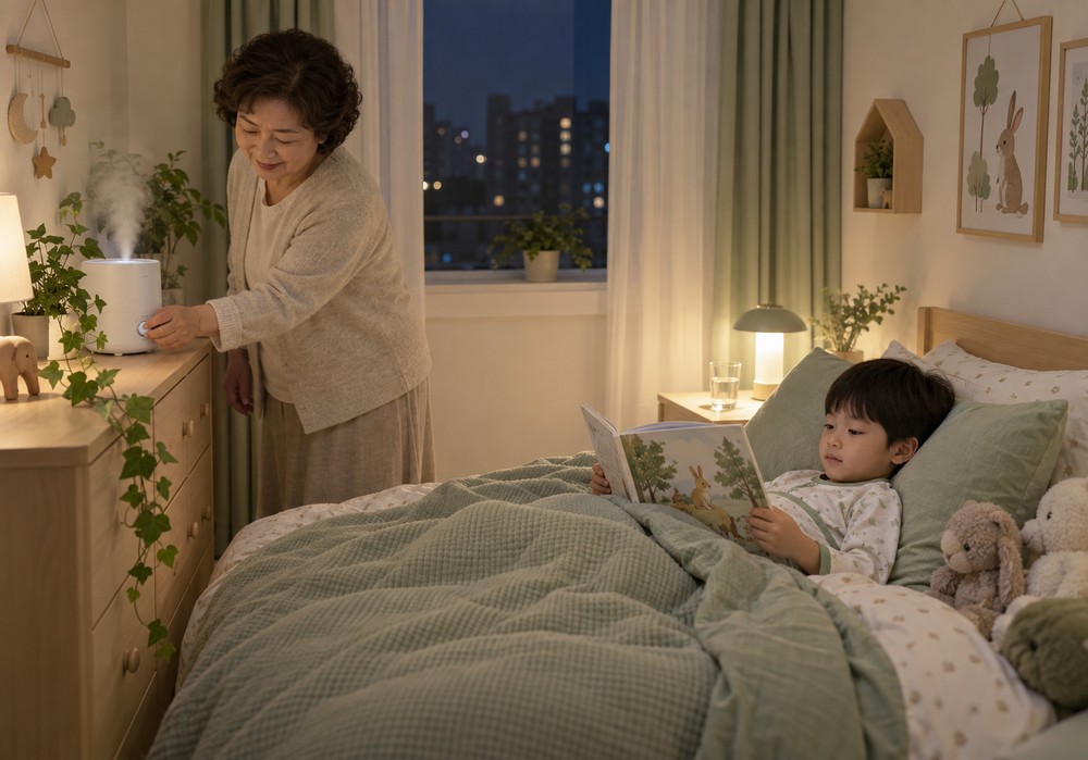 밤 침실에서 회색 가디건을 입은 할머니가 가습기를 켜고, 초록 침구에 누운 남자아이가 그림책을 보는 모습