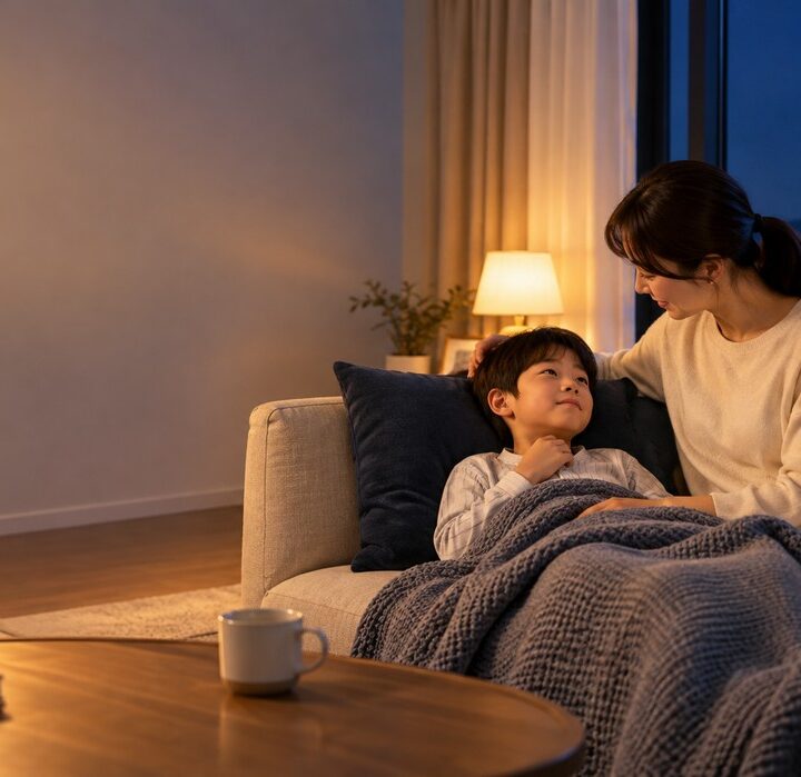 밤 거실 소파에서 회색 니트 담요를 덮은 남자아이가 기대어 있고, 아이보리 니트를 입은 엄마가 아이 머리를 쓰다듬는 모습