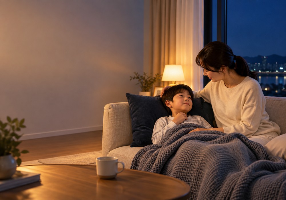밤 거실 소파에서 회색 니트 담요를 덮은 남자아이가 기대어 있고, 아이보리 니트를 입은 엄마가 아이 머리를 쓰다듬는 모습