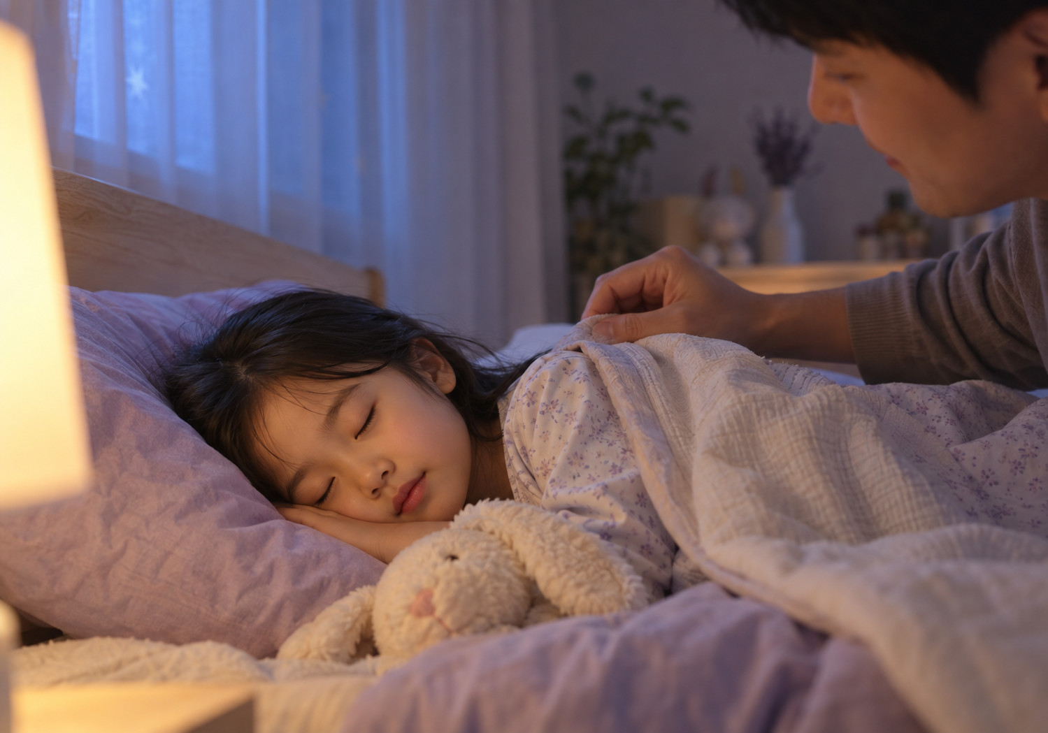 구미 성장기 수면 시간 – 잠든 아이에게 아빠가 이불을 덮어 주는 모습