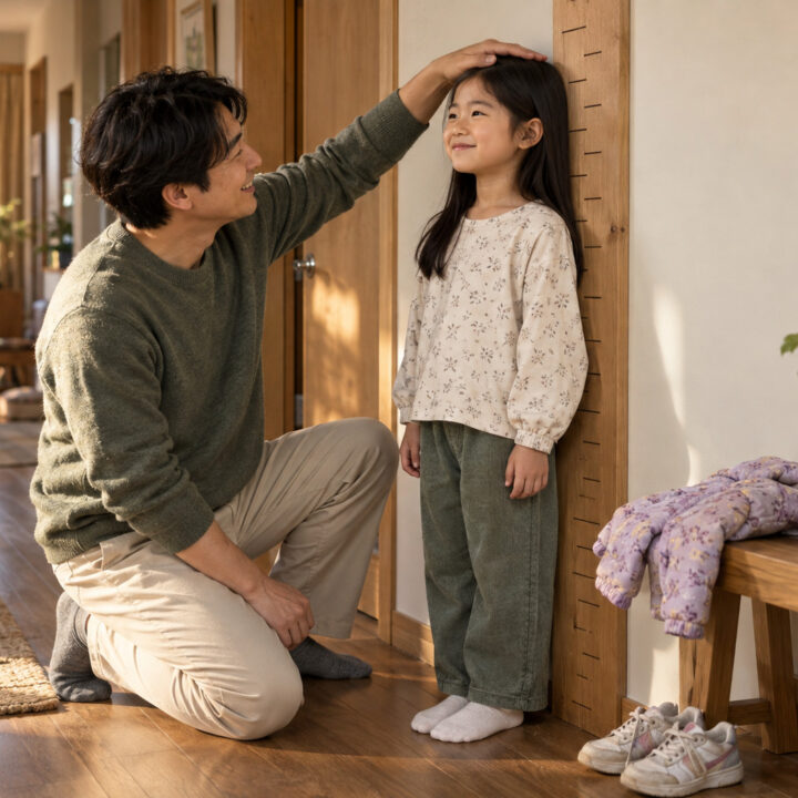 구미 여아 2차 성징 – 아빠가 키 눈금이 있는 벽 앞에 선 여자아이의 머리에 손을 얹고 키를 살펴보는 모습