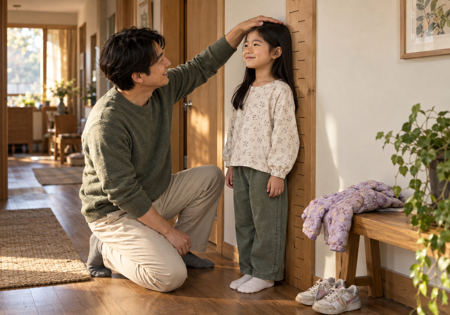 구미 여아 2차 성징 – 아빠가 키 눈금이 있는 벽 앞에 선 여자아이의 머리에 손을 얹고 키를 살펴보는 모습
