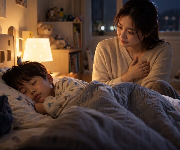 밤에 편안히 잠든 아이 옆에서 걱정스러운 표정으로 지켜보는 엄마