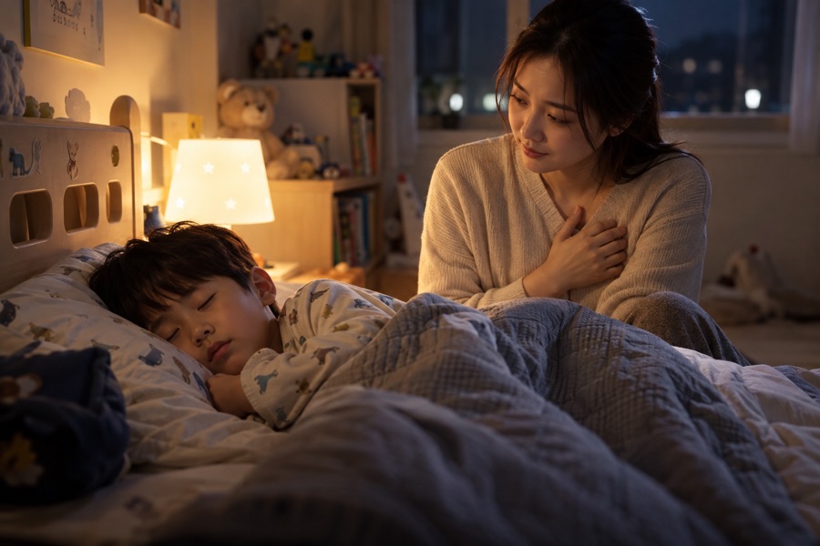 밤에 편안히 잠든 아이 옆에서 걱정스러운 표정으로 지켜보는 엄마