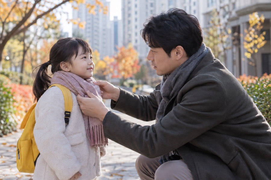 축농증 치료 중 외출 전 아이 목에 목도리를 둘러 주는 아빠