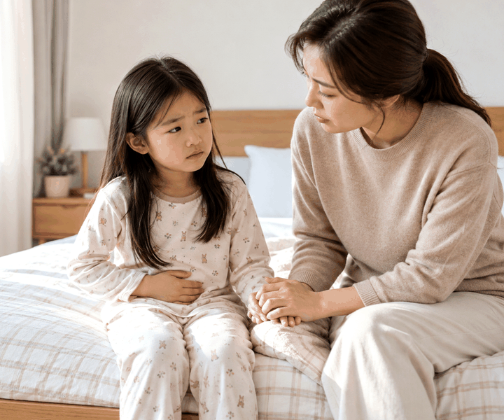 구미야뇨증변비동반 – 배를 감싸며 복부 불편함을 느끼는 아이