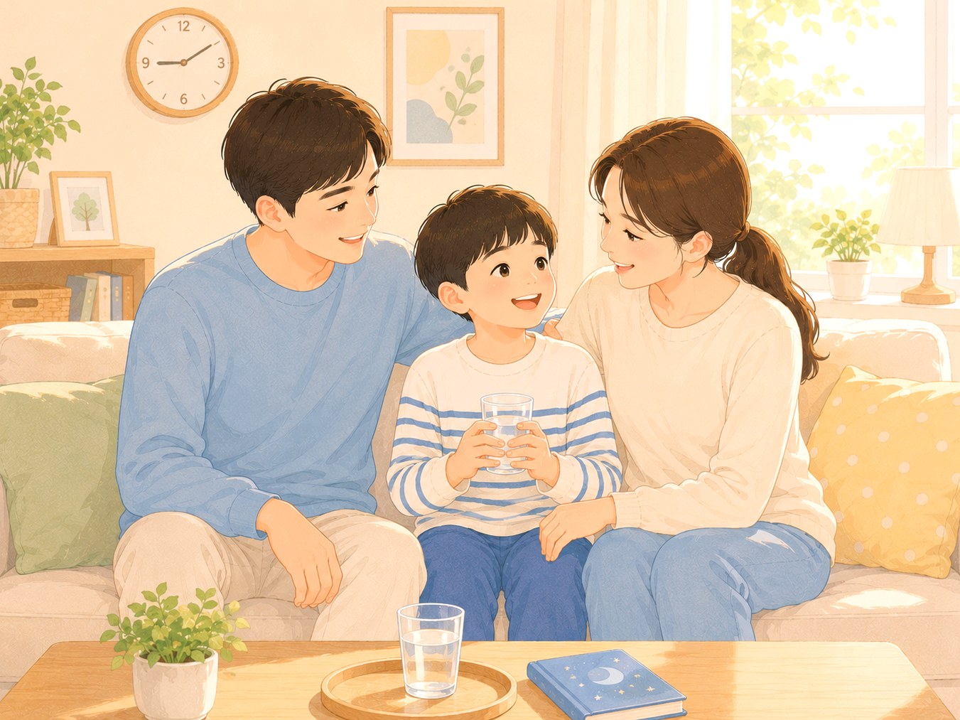 김해장유 야뇨증 – 물 한 잔을 두고 함께 앉은 부모와 아이