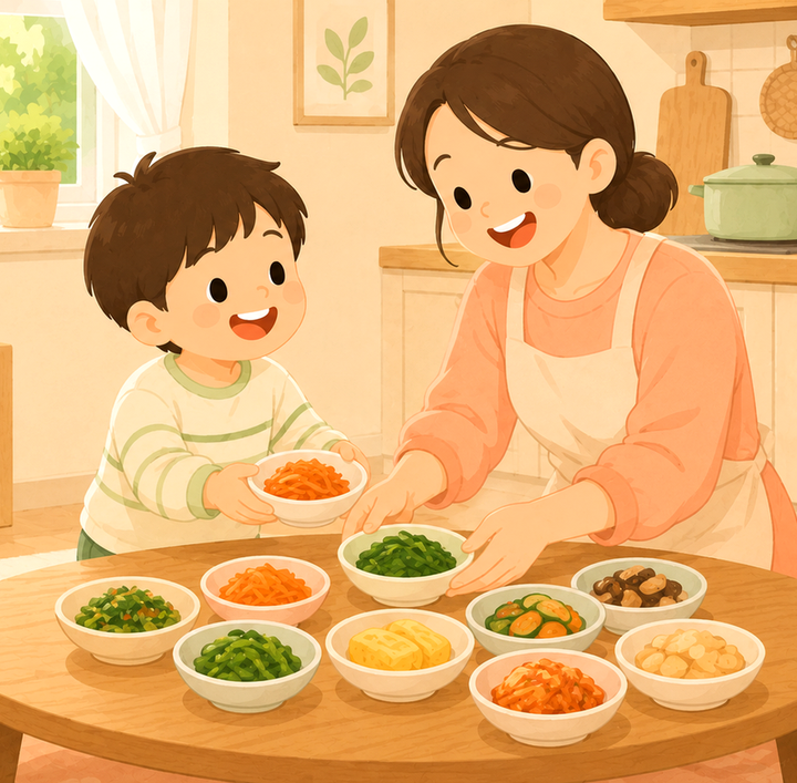김해장유 식욕부진 – 엄마와 아이가 반찬 그릇을 밥상에 놓는 모습