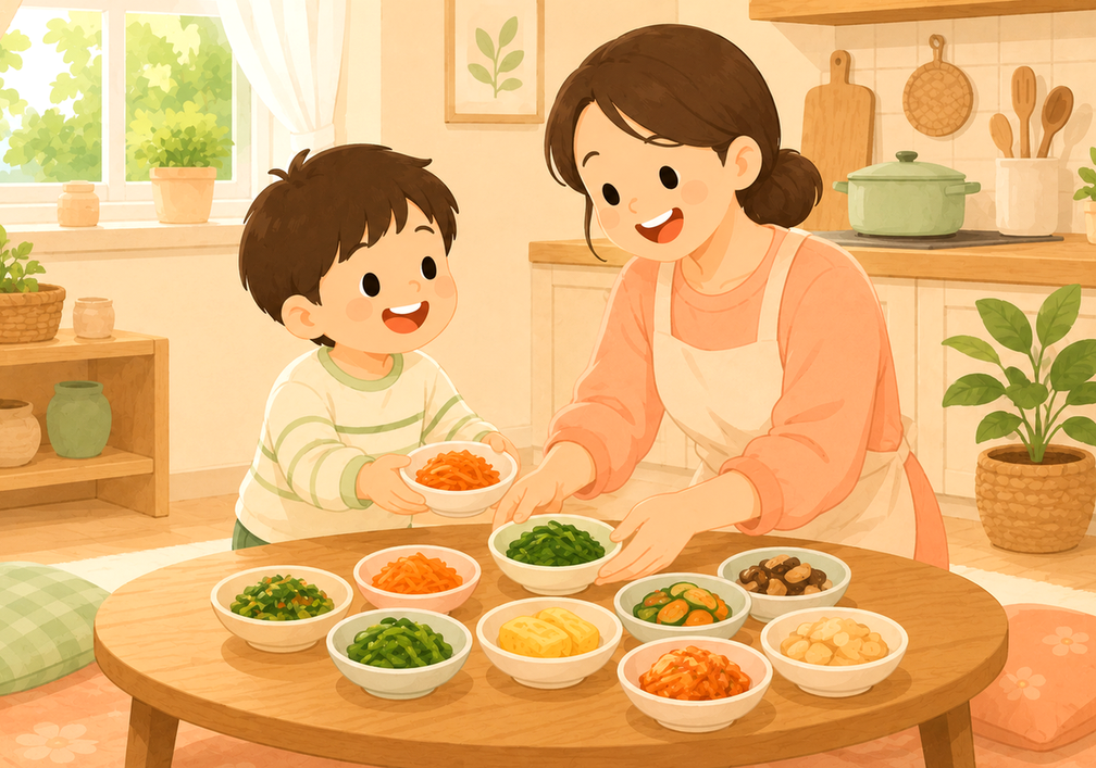 김해장유 식욕부진 – 엄마와 아이가 반찬 그릇을 밥상에 놓는 모습