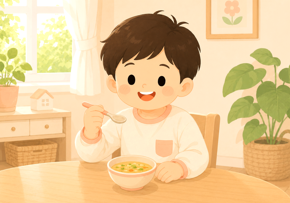 김해장유 식욕부진 – 아이가 식탁에서 채소죽을 떠먹는 모습