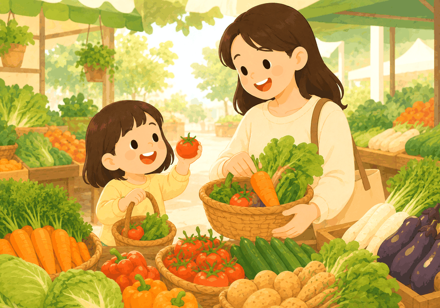 김해장유 식욕부진 – 엄마와 아이가 시장에서 채소를 고르는 모습