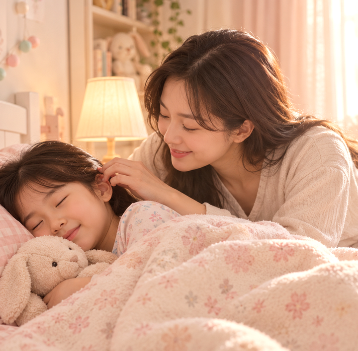 김해장유 중이염 – 엄마가 잠든 아이의 귀 옆 머리카락을 부드럽게 넘겨 주는 모습
