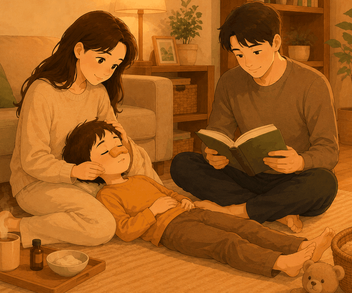김해장유 축농증 – 밤 거실 바닥에서 엄마가 아이 코에 온찜질을 하고 아빠가 책을 읽는 모습