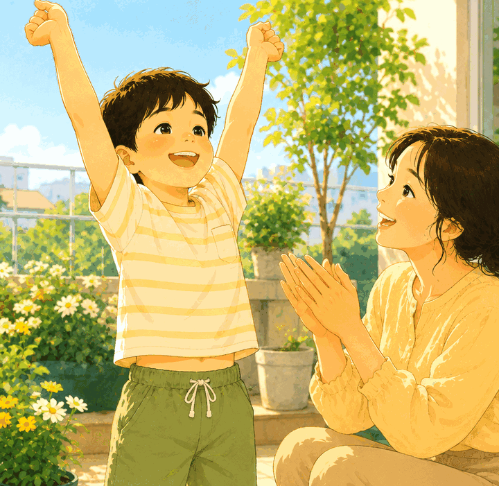 김해장유 소아 성장 – 팔 뻗어 스트레칭하는 아이와 박수치는 엄마