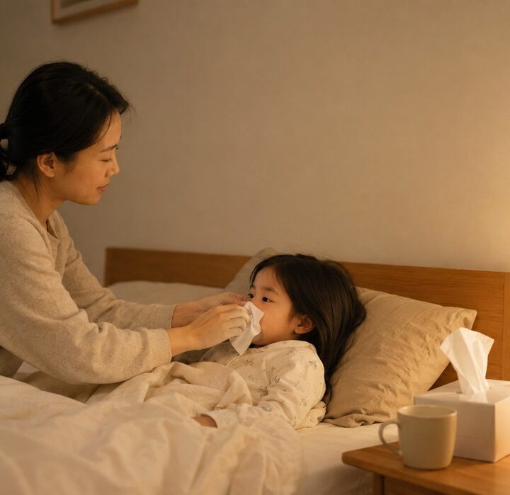 밤 침실에서 침대에 누운 아이의 코를 휴지로 닦아주는 엄마