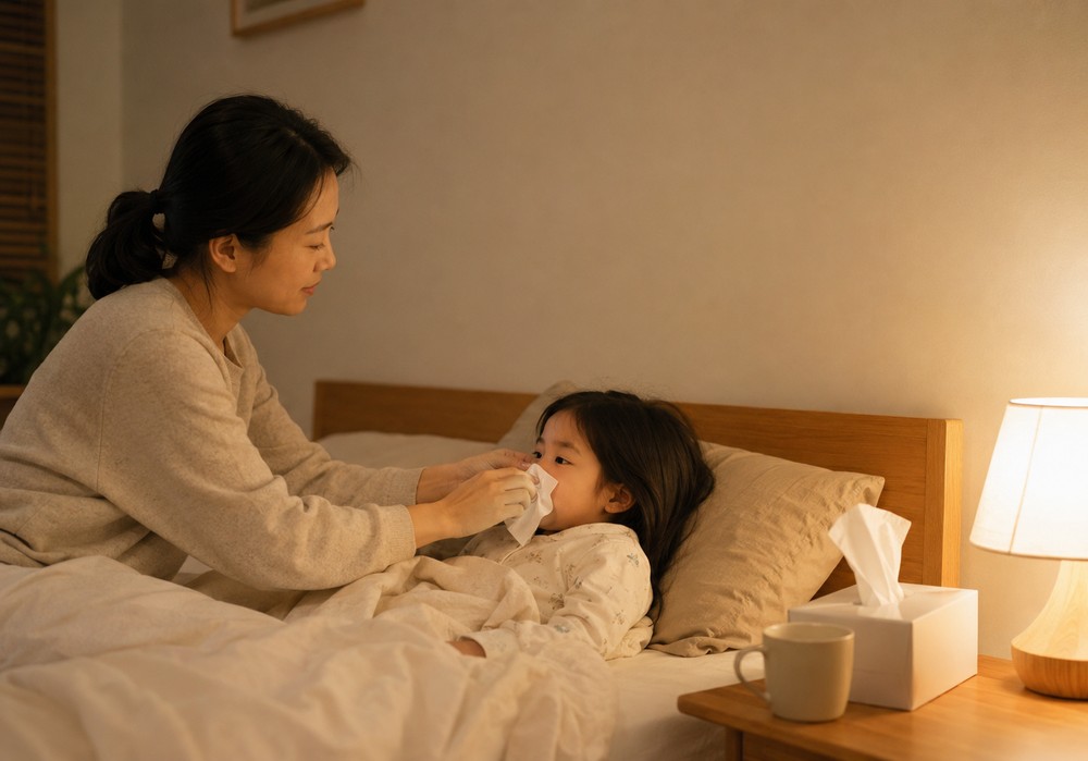밤 침실에서 침대에 누운 아이의 코를 휴지로 닦아주는 엄마