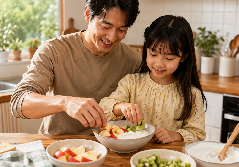 김해장유 변비 – 아빠와 아이가 과일 요거트를 만드는 모습