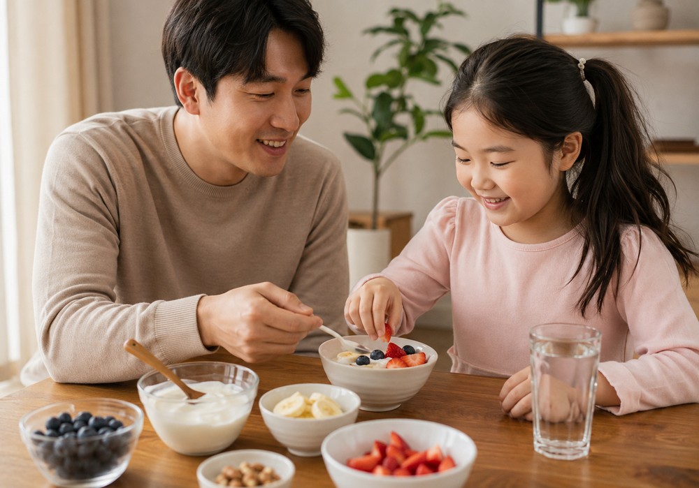 김해장유 아이살빼기 – 식탁에서 아빠와 과일 요거트 먹는 아이