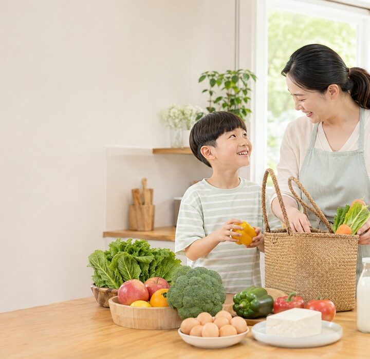 김해장유 아이살빼기 – 주방에서 엄마와 장본 채소 정리하는 아이