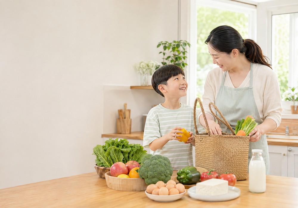 김해장유 아이살빼기 – 주방에서 엄마와 장본 채소 정리하는 아이