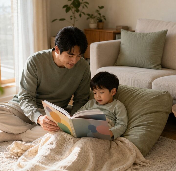 햇살 드는 거실 바닥에서 아빠와 남자아이가 초록 방석에 기대 그림책을 함께 보는 모습