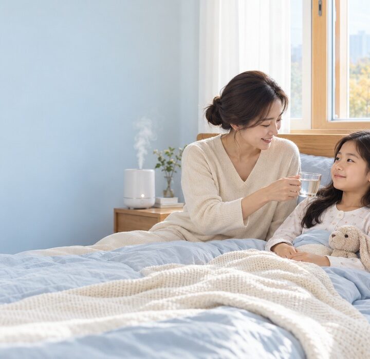 파란 침구 침대에서 베이지 니트 엄마가 물잔을 건네고 여자아이가 미소 지으며 받는 모습
