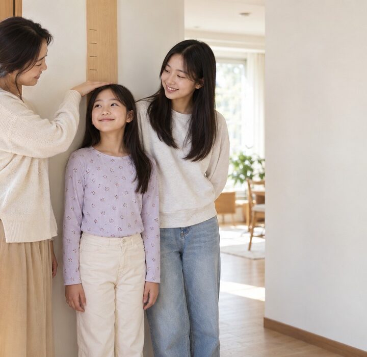 김해 성장판 닫히는 시기 – 밝은 집에서 엄마와 언니가 여자아이의 머리 높이를 손으로 가늠하며 성장을 살펴보는
