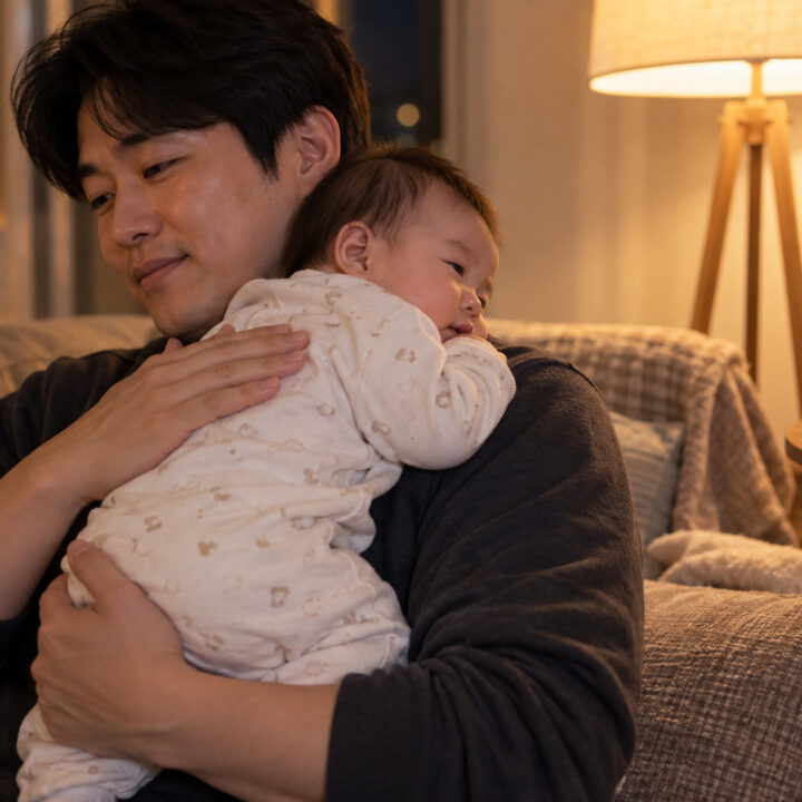 김해 밤에 보채는 아기 – 아빠가 밤에 보채는 아기를 어깨에 기대 안고 등을 토닥이는 장면