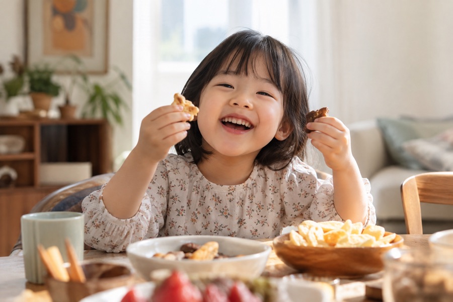 기분 좋을 때 간식을 여러 개 집어 드는 아이