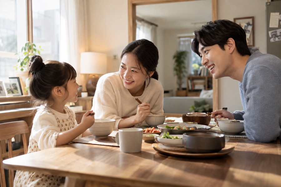 아이와 마주 앉아 기분을 물어보는 부모