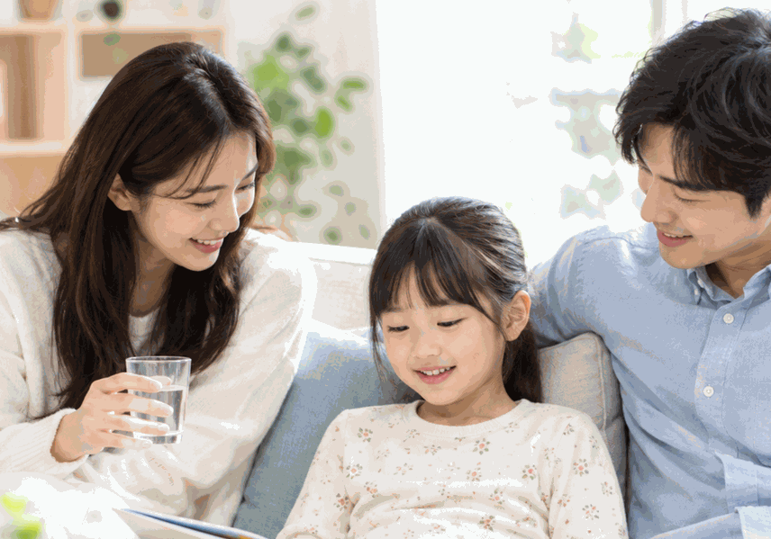 아이 곁에서 상태를 함께 살피는 부모