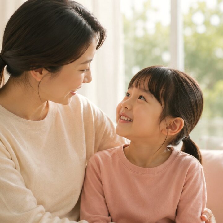 울산 소아 성조숙증 – 소파에서 눈맞춤하며 대화하는 엄마와 아이