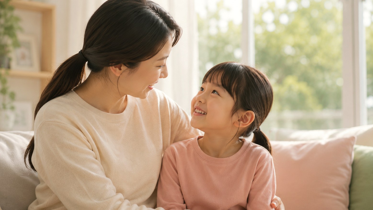울산 소아 성조숙증 – 소파에서 눈맞춤하며 대화하는 엄마와 아이