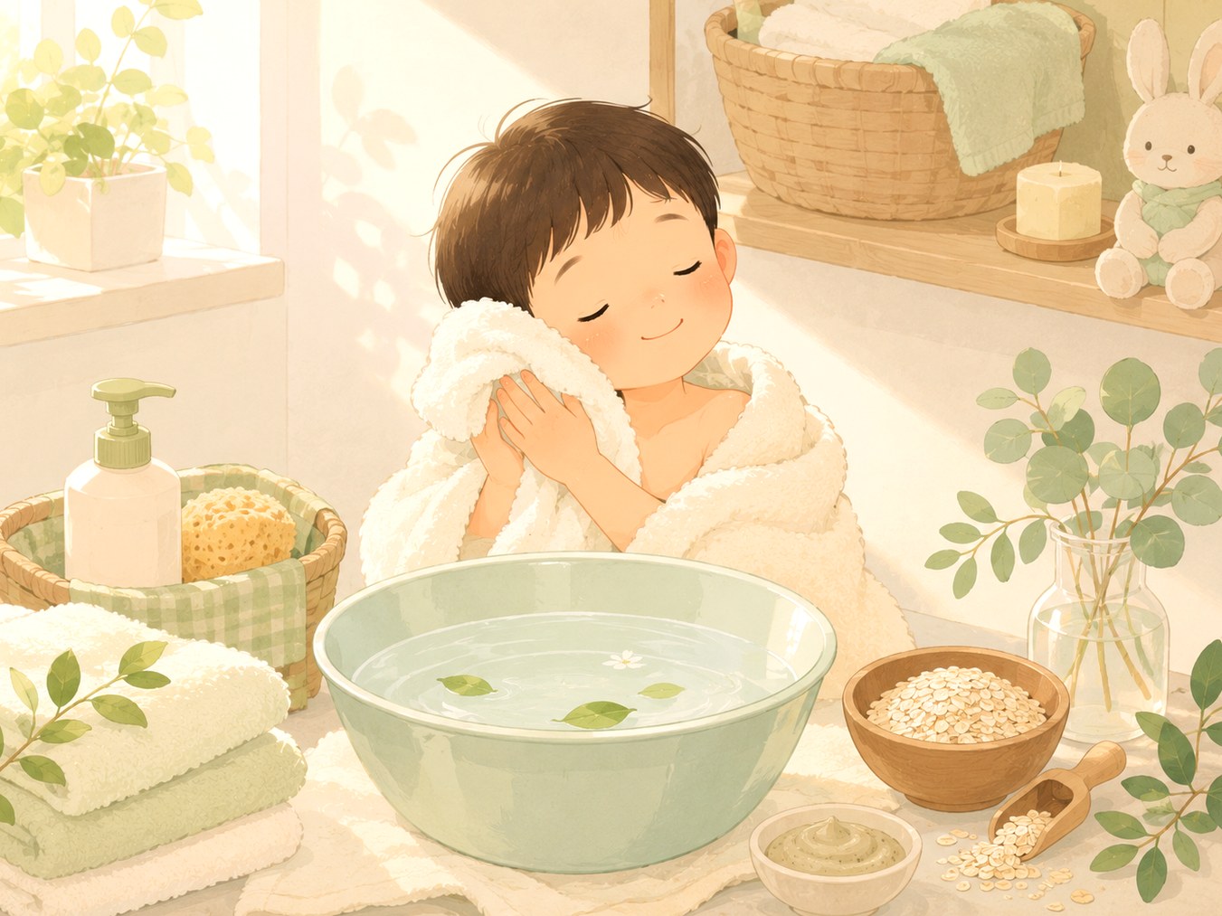 울산 소아 아토피 피부 관리 – 목욕 후 수건으로 물기를 닦는 아이